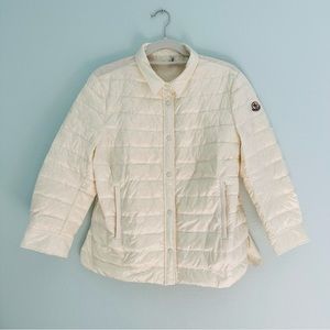 Moncler women’s white puffer coat with ruffle back trim